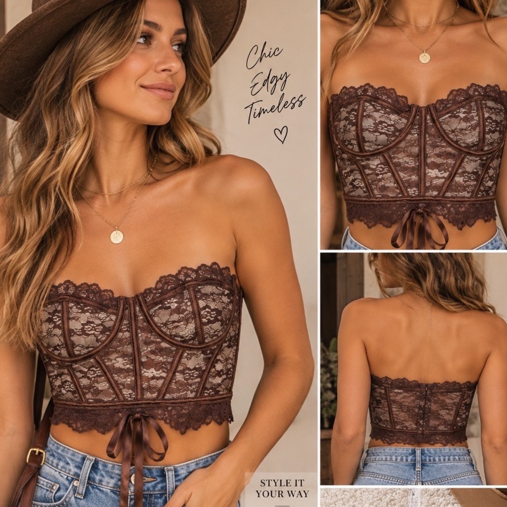 Womens Medium Unbranded Lace Corset Top Brown Sheer Bustier Y2K Boho Festival